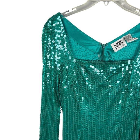 Vintage 80s Teal Blue Square Neck Long Sleeve Mini Dress M - Picture 3 of 5